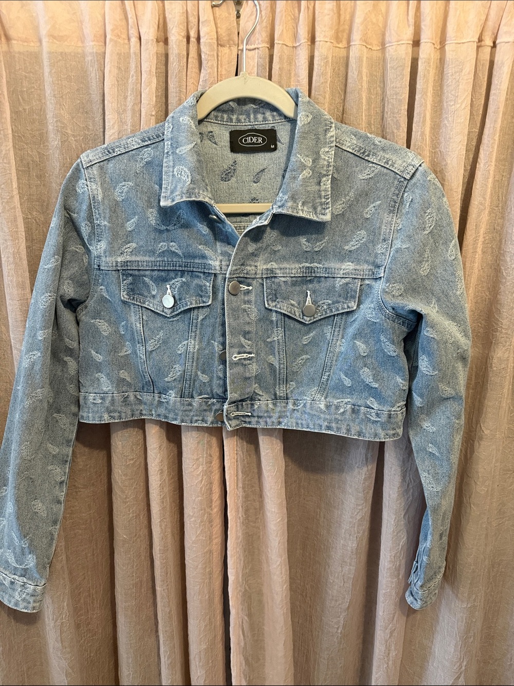 Cider Light Blue Cropped Paisley Denim Jacket